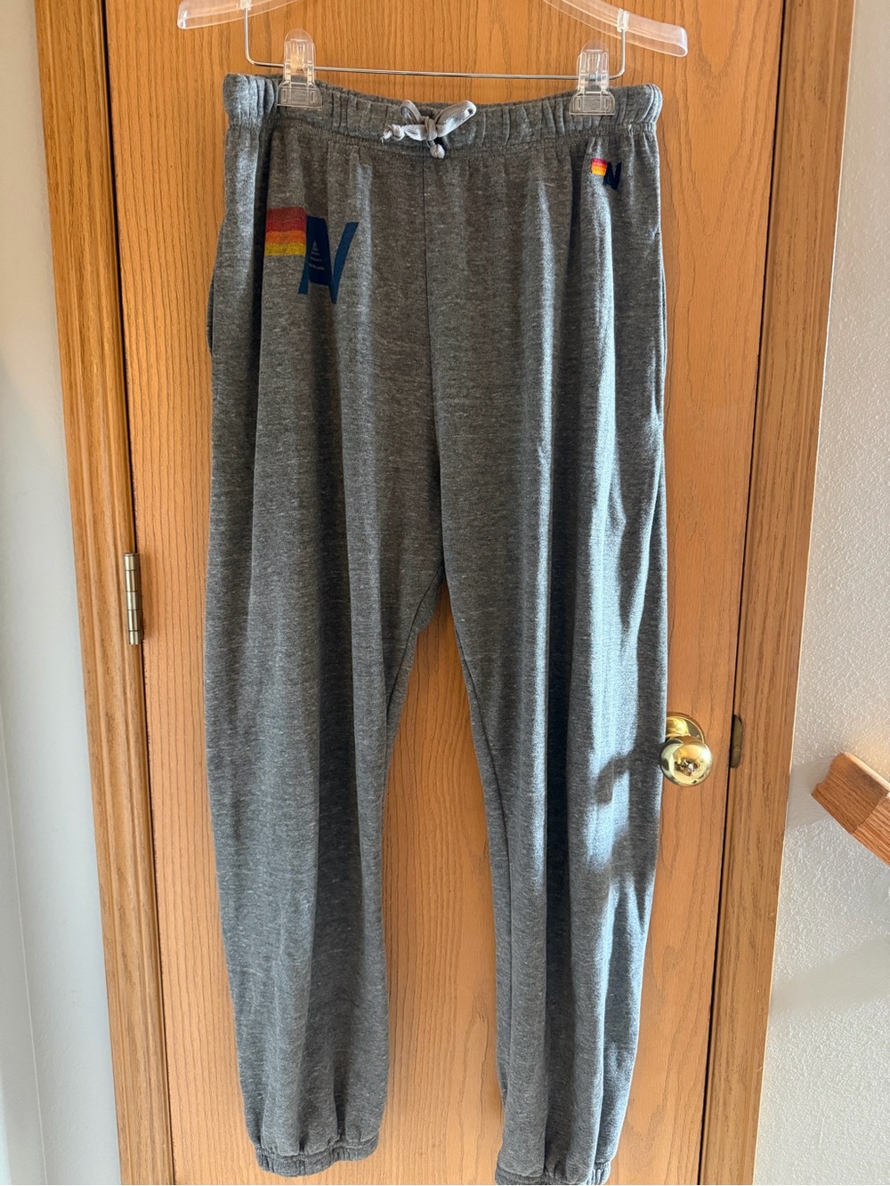 Aviator Nation Heather Grey Rainbow-Striped Logo Jogger Sweatpants Women Size L